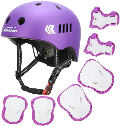 KAMUGO Set di caschi da bici per bambini da 1 a 8 anni, con protezioni per ginocchiere, gomiti, polsi, scooter, bicicletta, skateboard, ciclismo, pattini in linea (viola)