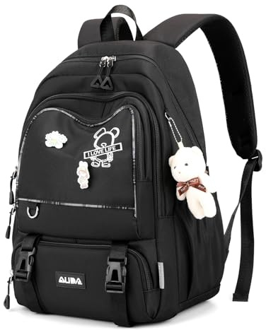 Amythe Sac à Dos pour Filles Cartable Primaire College Sac Ecole élégant et Léger pour les Adolescents pour 9-16ans, Sac D'école Grande Capacité Convient pour le Trolley, Noir