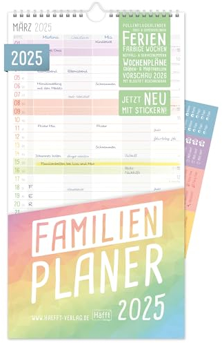 Häfft® Familienplaner 2025 mit 5 Spalten Rainbow 23,5 x 42,6 cm, Wandkalender Jan - Dez 2025, Familienkalender Wandplaner: Ferientermine & viele Zusatzinfos - nachhaltig & klimafreundlich