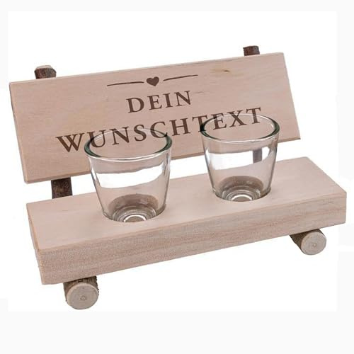 Unikatolo Schnapsbank personalisiert mit deinem Wunschtext/Namen, Geschenkidee zur Hochzeit, Geburtstag, Richtfest, Einzug, Freundschaft, kleine gravierte Holzbank mit 2 Schnapsgläsern