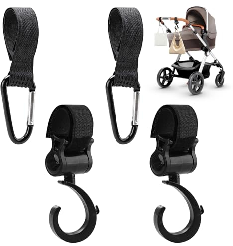 4 Stück Universelle Kinderwagen Haken für Taschen, Buggy Haken mit Klettverschluss Taschenhalter Karabiner für Wickeltaschen Handtaschen & Mehr - Schwarz