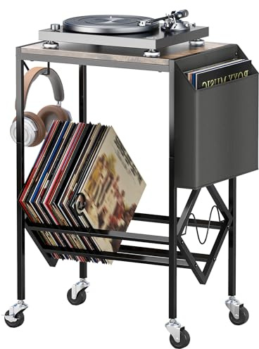 SaiDuoDuo Support de lecteur de disques vinyles avec rangement pour 80 albums, armoire de rangement avec poche de rangement et roulettes