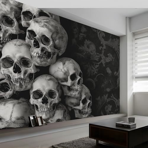 Vlies Fototapete Kinderzimmer B200 x H140 cm, Horror Totenkopfmuster Fototapeten Tapeten für Kindertapete - Grau Vliestapete Wandtapete Wanddeko Tapete 3D Effekt Schlafzimmer