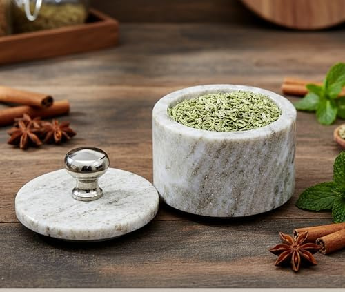 KLEO Salt- och kryddhållare i marmor med lock | Liten behållare (5 x 7,6 cm) | saltlåda för sten för kök och matsal | bastuhållare (beige)