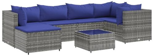Gecheer Garten Lounge Set 7-TLG.Gartenmöbel Set mit Kissen Polyrattan Loungemöbel Sofa Rattan Balkonmöbel Balkonlounge Gartenlounge Gartensofa Couchtisch Terrassenmöbel Mittelsofa Fußhocker Grau