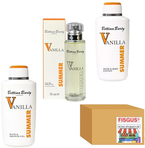 Ein Angebot von FISGUS® by krass-shoppen-de - Bettina Barty - Summer Vanilla Serie - 1 x 500ml Bath & Shower Gel - 1 x 500ml Hand & Body Lotion - 1 x EdT Spray 50ml