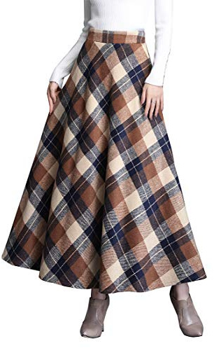 BiilyLi Gonna Lunga Invernale Donna Elegante Lana Quadretti Vita Alta Maxi Gonne Plissettata Vita Elastica A-Linea Svasata Skirt Cachi L