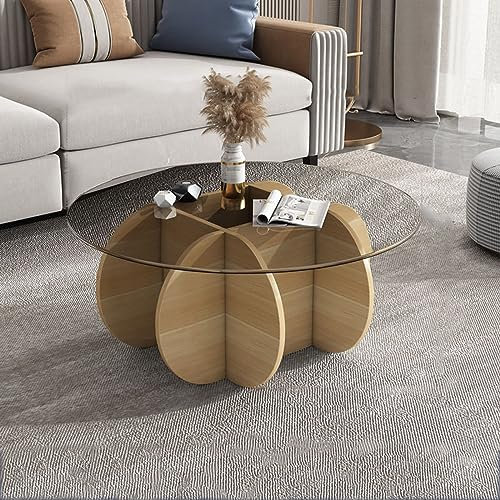 Table basse ronde moderne avec plateau en verre et base en bois massif, plateau en verre trempé transparent, table basse pour salon ou terrasse, design simple et élégant (80 x 40 cm, noyer + blanc)