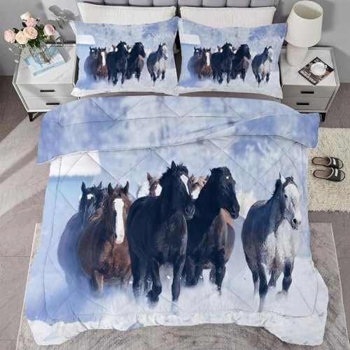 buyluhn Bettdecke 240x220 Schwarzes Pferd Ohne Bezug Nutzbar, 4 Jahreszeiten Bettdecken Tier Große Steppdecke Ganzjahresdecke, Waschbar Bettzeug mit 2 Kissenbezug für Sommer Winter Doppelbett