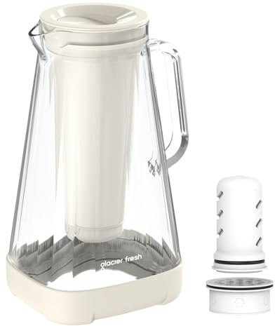 GLACIER FRESH Glass Water Filter, 2.5L, with 1.6X Flow Rate Upgraded Ultrafiltration Membrane and Activated Carbon Filter, Reduces 99% Chlorine, PFOA&PFOS, Coliforms, White