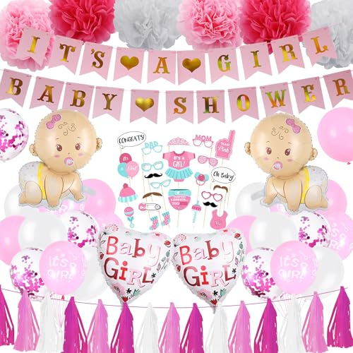 Baby Shower Decorations Girl Pink – It’s a Girl Banner Balloons Photo Booth Props, Tissue Paper Pom Poms Tassel Garland for Baby Shower Party Decor