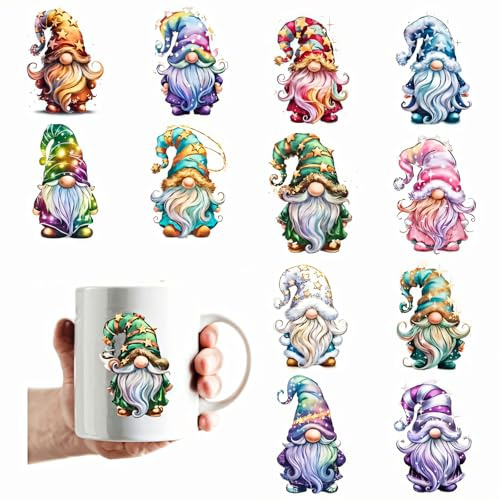 12pcs Christmas Glitter Gnome Flower UV DTF Cup Wraps Transfer Waterproof Sticker for Glass Cups Furniture Craft DIY Crafts，Rub on Transfer Stickers for DIY Water Bottle Laptop Decal Wood Car