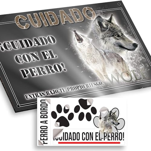 Lobo Cartel Cuidado con el Perro 20x12,5cm - Diseño Antracita en Dibond con Pegatina Coche 20x5cm - En Español