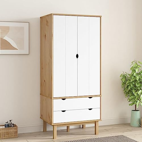 Emmtore Kleiderschrank Garderobenschrank Garderobe Schlafzimmerschrank Hochschrank Holzschrank Schrank mit Schublade 76,5x53x172cm Massivholz Kiefer,Braun und Weiß