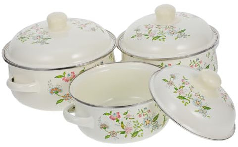 Cabilock 3pièces Marmite à Ragoût Émaillée à Double Poignée Avec Couvercle Marmite à Mijoter Émaillée Pour Cuisson Maison Motif Floral