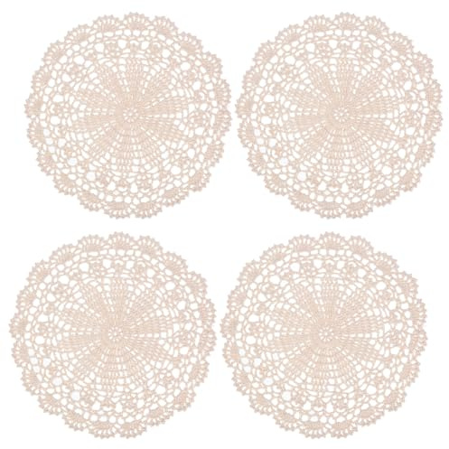 4 manteles individuales de ganchillo de 10 pulgadas, color beige, redondos, hechos a mano, para muebles de cocina, mesa de comedor, boda, decoración de fiesta de cumpleaños
