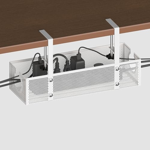 Under Desk Cable Management Tray - No Drill or Screw Mount Option, Heavy Duty Metal Cord Organizer Rack, Power Strip Holder for Office & Home