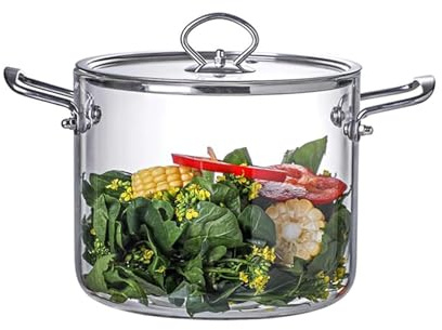 Fesatccoz Casserole en verre 4,5L faitout cocotte en verre avec couvercle en borosilicate résistante à la chaleur avec poignées inox pour plaques vitrocéramiques pâtes soupe