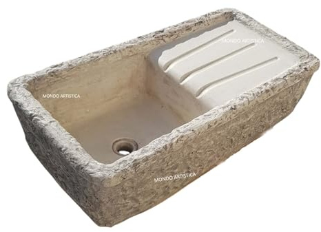 Lavandino Da Esterno, Lavabo Per Giardino, Pilozzo Con Vasca E Gocciolatoio, Fontana Altezza 22 cm, Larghezza 80x40 Cm, In Cemento Bianco E Polvere Di Marmo, Colore Sfumato Grigio, Mondo artistica