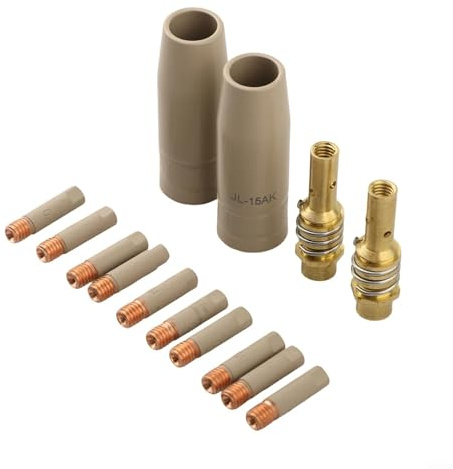 MIG Schweißbrenner Düsen-Kit mit isolierter Beschichtung für gaslosen 15AK Schweißbrenner, inklusive 14 Stück mit 2 Düsen, 2 Halterungen und 10 Spitzen für industrielle Metallbearbeitung