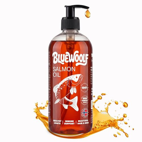 Olio di salmone per cani e gatti 1L con Omega 3 per migliorare pelle e capelli, articolazioni e sistema immunitario salmone per mangimi, barf e cibo umido olio per cani BlueWoolf