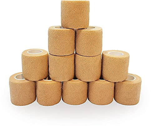 Selbsthaftende Bandage 5 x 450 cm (12 Rollen), Fixierbinde Selbsthaftend für Verstauchungen, Schwellungen, Erste Hilfe und Schutz beim Sport (Beige)