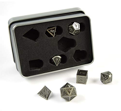 7 polyedrische Metall-Würfel für Rollen- und Tabletopspiele in Steampunk Silber-Optik inkl. Aufbewahrungsbox