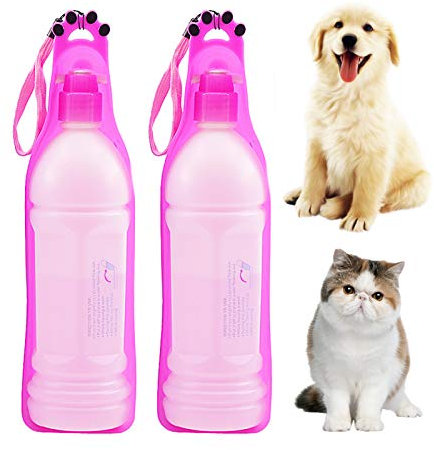 PJDDP Bouteille d'eau Portable pour Chien Voyage Feeder Distributeur d'eau pour La Marche avec Sangle Stand Up Extérieure, Timbale Bowl, L'épreuve des Fuites en Plastique sans BPA, 2PACK,Rose