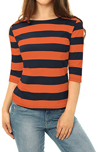 Allegra K Women's Striped Shirt Elbow Sleeve Slim Fit Casual Boat Neck Top | Striped Shirts, Elbow Sleeve, Slim Fit, Boat Neck, Casual Top, Color Block,Tee Shirt, Spring Fall