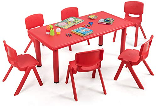 HONEY JOY Kids Table and 6 Chair Set, 47 x 23.5 Inch Children Rectangular Table with Stackable Seats, 7 Pcs Plastic Activity Toddler Furniture Set for Playroom Daycare, Gift for Boys Girls