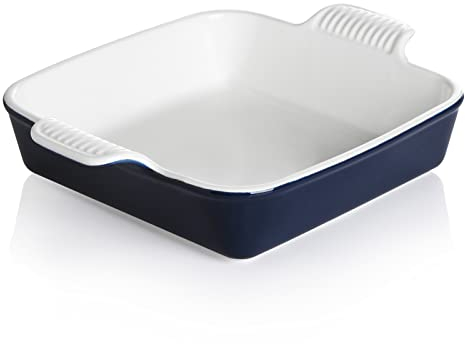 Sweejar Ceramic Baking Dish, 9 x 9 Cake Baking Pan for Brownie, Porcelain Square Bakeware with Double Handle for Casserole, Lasagna, Family Dinner (Navy)
