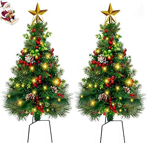 2pcs Outdoor Christmas Tree with Lights Clearance Pre-Lit Artificial Christmas Trees Pathway Small Xmas Trees Battery Operated Lights for Front Door, Grave, Entryway Xmas Outside(85cm)