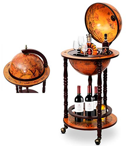 RELAX4LIFE Globusbar mit Rollen, Minibar Massivholz, Weinregal Flaschenregal mit Bodenplatte, Barwagen Weltkugel, Hausbar, Globus Bar, Weinschrank, Tisch Bar, Cocktailbar (Braun, Ø45 x 88 cm)