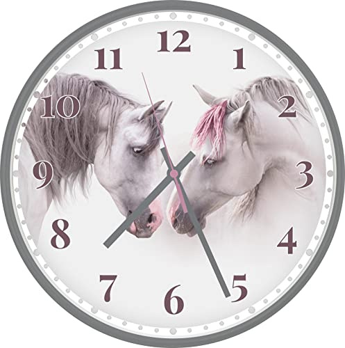 Eurotime Quarzwanduhr, 30 cm, Kunststoffgehäuse Granit Grau, Echtglasabdeckung, klares 12-Zahlen Zifferblatt mit Pferdemotiv, geräuscharmes Uhrwerk, kein Ticken, Wanduhr für Wohnraum, 82704-11-1