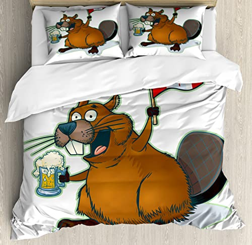Ambesonne Canada Duvet Cover Sets, Pattern of a Cartoon Style Happy Beaver Holding a Beer Mug and a Flag, Bedding Set with 2 Duvet Covers 4 Pillowcases, 2 Pack Cal King Size, Ginger Multicolor