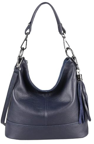 OBC Made in Italy Damen Leder Tasche Umhängetasche Shopper Schultertasche Handtasche Crossbody City Bag Crossover Ledertasche Damentasche Fransen Dunkelblau