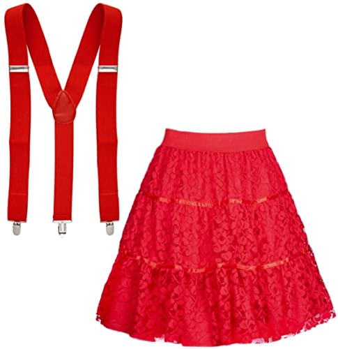 Set Tüllrock aus Spitze & Hosenträger Damen | Kostüm Spitzenrock Fasching Karneval | DIY Verkleidung Basic Tutu Rock (rot)