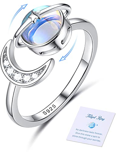 Adramata 925 Silber Anxiety Ring für Damen - 18 Karat Vergoldeter Spinner mit Mondstein, Verstellbarer Stern Mond Design für Anti-Stress