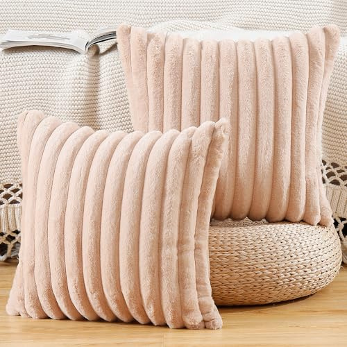 Madizz 2er Set Kunstpelz Plüsch Dekorative Kissenbezüge Flauschig Gestreifte Weich Dekorative Kissenbezug für Sofa Schlafzimmer Kissen Shell Hellbraun 50 x 50 cm