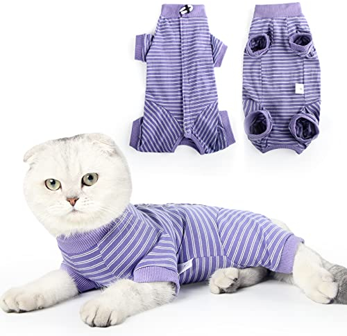 HEYWEAN Katzenbody Nach Op Kastration - Langärmeliger Body Streifen Katzenbekleidung - Halskrausen-Alternative für Operation Anti-leckende Nach Der Operation Tragen
