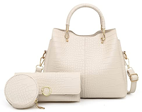 NICOLE & DORIS Handtaschen Damen Set Shopper Schultertasche Krokodil Handtasche Mittelgroß Frauen Umhängetasche PU Leder Büro Henkeltasche 3-Teiliges Tasche mit Geldbörse Beige