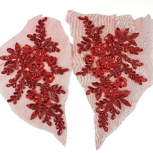 Heyiwell 1 Paar 3D-Pailletten-Perlen Blumen-Stickerei-Aufnäher Applikation Spitze Blumenmotiv für Hochzeitskleid Nähen Spitze Dekor 21 x 12 cm (rot)