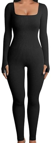 Rongseng Mono Deportivo Mujer Manga Larga Ajustado Jumpsuit de Cuello Cuadrado Mono Yoga Bodycon Traje de Una Pieza Elásticos Body Overol Mallas Push up Pantalones Color Sólido Largos Romper