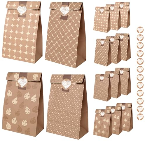 Romon, Pochette Cadeau de 12 pièces avec 12 Autocollants pour Sac Cadeau Noel, Sachet Papier Kraft, sacs à sandwich, Sac Cadeau Anniversaire, Sacs Cadeaux de mariage, etc.