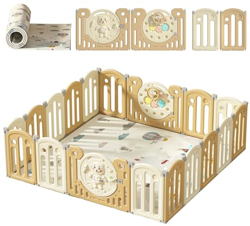 Zkipm Faltbare Aufbewahrung Laufstall Baby,Laufstall Baby mit Spielmatte,Vergrößertes Laufgitter Baby mit Kindersicherung, Rutschfeste Einstellung, HDPE-Sicherheitsmaterial (12 14 16 Paneel)