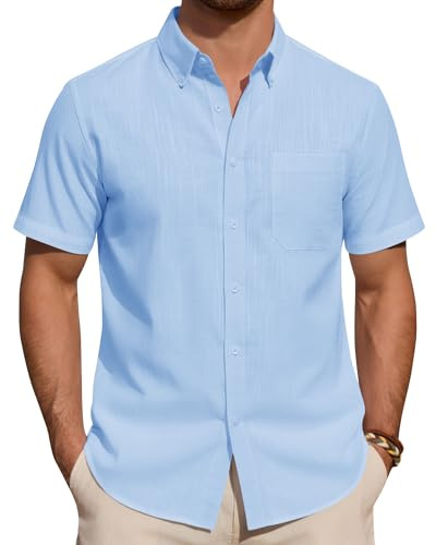 J.VER Linen Shirts Men Blue Summer Short Sleeve Regular Fit Smart Casual Lightweight Holiday Beach Button Down Shirt L