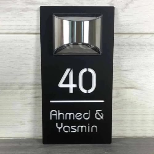 Letrero de puerta personalizado con luz LED solar moderno, placa de dirección 3D cortada con láser, placa exterior (blanco y negro)