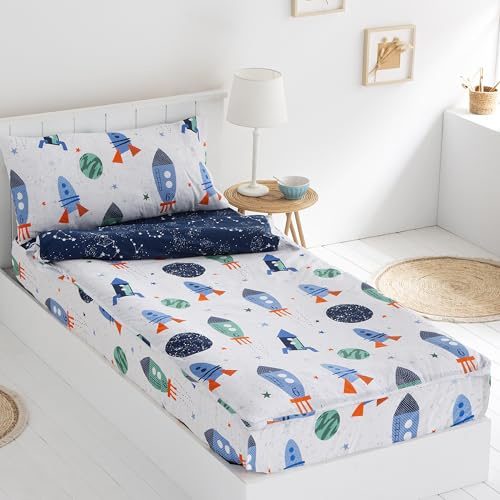 Saco nordico Infantil con Relleno Rocket Cama 90 x 190/200. Saco Unido a la Bajera con Cremallera en Forma de L con Relleno nórdico. Color Multicolor