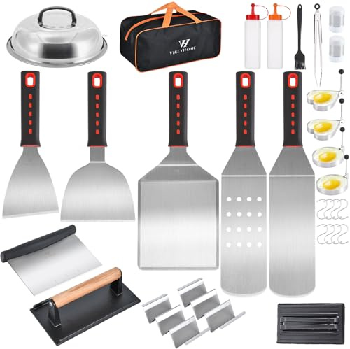 Kit di accessori per piastra, set di 30 utensili per griglia, set professionale di spatole per barbecue con coperchio, spatola, raschietto, bottiglia, pinze, anello per uova