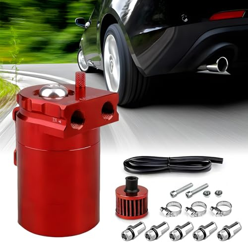 Oil Catch Can Auto, 300ml Aluminium Voiture Réservoir, Universel Séparateur Bidon Huile Voiture Air Filtre avec Filtre à Air, Tuyau et Autres Accessoires (Rouge)